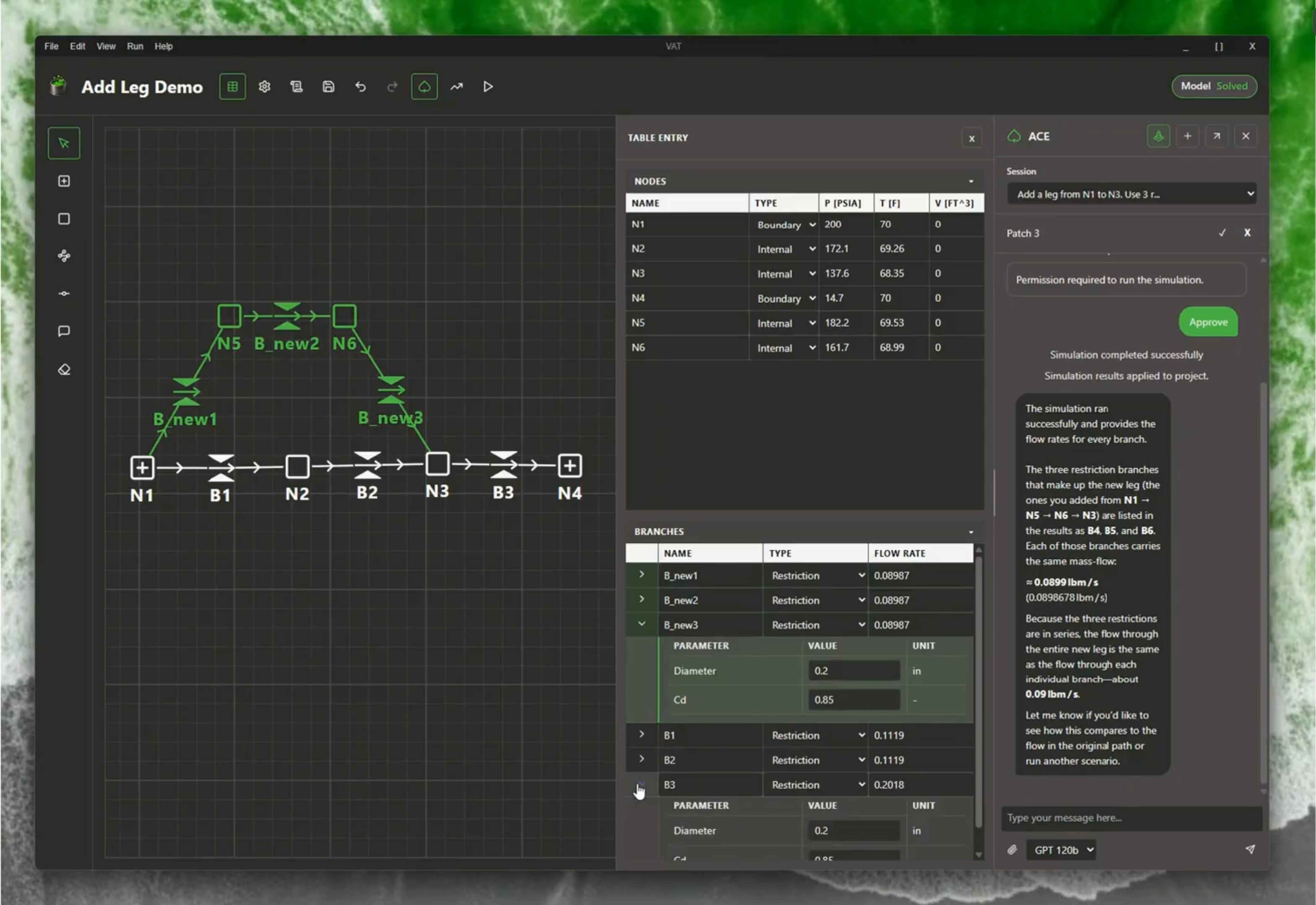 VAT Add Leg Demo showing a connected fluid-system model, engineering tables, and ACE working with the same design context
