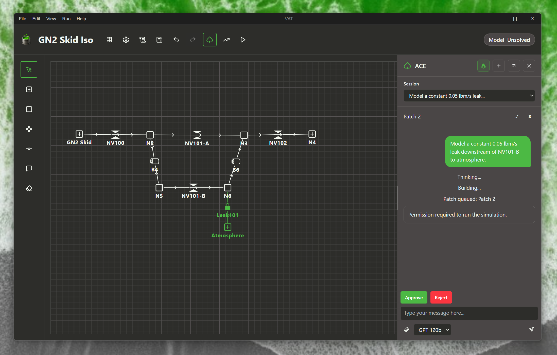 VAT interface showing a connected fluid-system model and ACE working alongside it