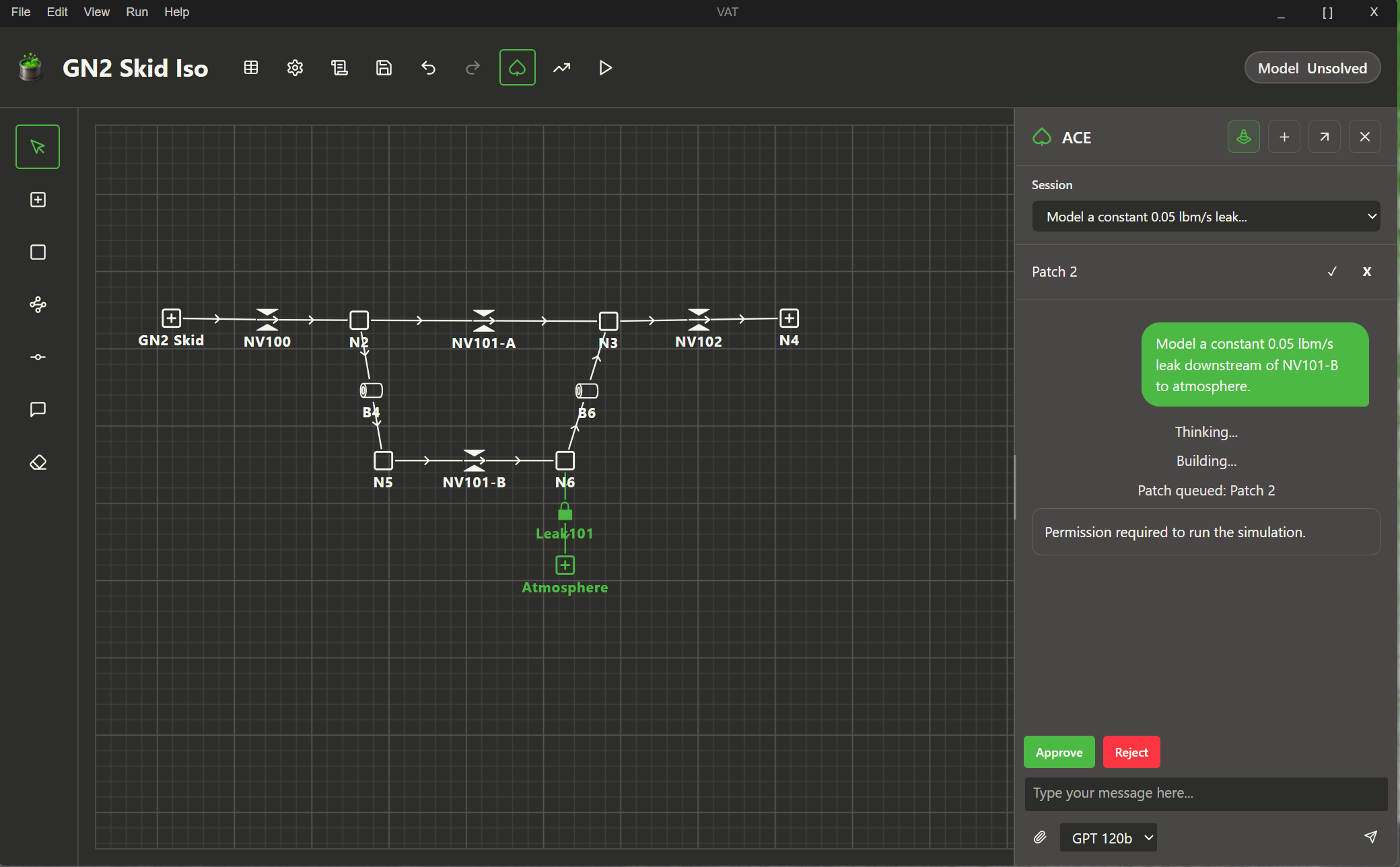 VAT application showing a fluid-system network model and editable node and branch data